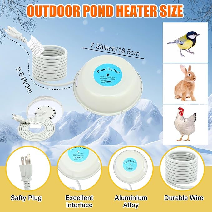 3 Pcs Submersible Water Heater Bird Bath Heater Chicken Waterer De-icer Water Trough Outdoor for Farm Pond Winter Poultry Livestock Tank Horse Drink, Pipe Tape Cord Cover(Blue,500w)