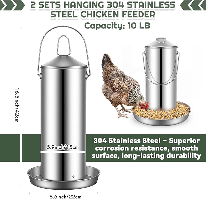 2 Pack 10 lb 304 Stainless Steel Chicken Feeder, No Waste Hanging Metal Poultry Feeder for Hens Ducks, Heavy Duty Coop Feed Outdoor