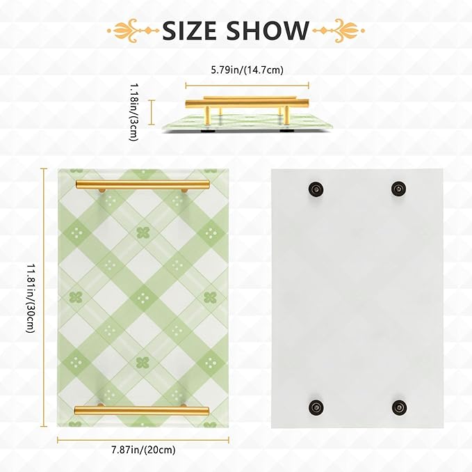 Bathroom Vanity Tray Counter Organizer, Tartan Plaid Green White Decorative Tray with Handles Countertop Storage for Bathroom Bedroom Kitchen Home Farmhouse