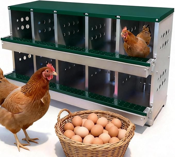 GarveeLife Wall-mountable Roll Away Metal Chicken Nesting Box for Laying Eggs, Rustproof Chicken Laying Boxes for Hens, Ventilated with Perch, Waterproof (Green, 10 Compartments with 10 Fake Eggs)