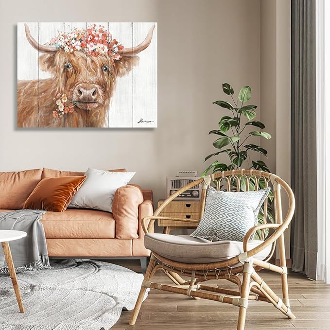 Yidepot Highland Cow Decor for Farmhouse: Retro Scottish Calf pictures hold Flowers Inspirational Quote Canvas Wall Art for boy's bedroom Kitchen Framed Ready to Hang Size 32"x24"