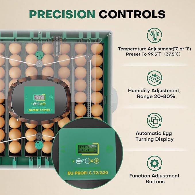 Incubators for Hatching Eggs, 72 Eggs Hatching Incubator with Automatic Egg Turner & Humidity Control & Digital Temp, 360° Clear View for Chicken/Duck/Quail/Goose, Perfect for Lab School Farm