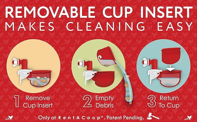 RentACoop DIY Waterer Kit - Auto-Fill Cups with Inserts - Great for Chickens, Ducks, Geese, Turkeys, Peafowl, and Quail - 2 Pack + 1 Bonus Cup Included (Red, Pack of 2)