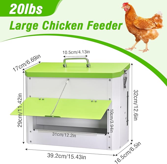 Hanging Chicken Feeder No Waste,20LBs Metal Chicken Feeder with Rainproof Cover & Lockable Flip-Door,Wall-Mount Heavy Duty Feeder for Chicken Coop and Outdoor Use