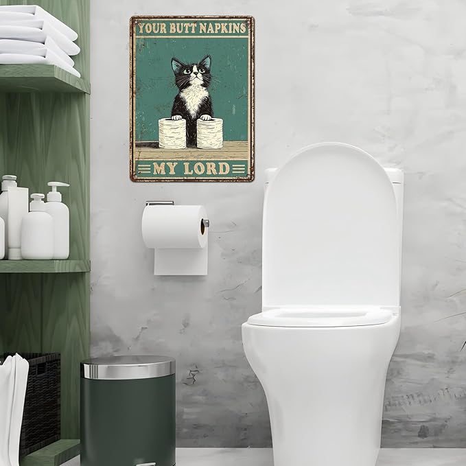 Funny Cat Vintage Metal Tin Sign Your Napkin My Lord for Bathroom Wall Decor 12 * 16inch