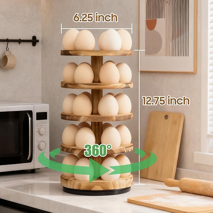 Wooden Fresh Egg Holder Countertop, 5 Layer Rotating Countertop Egg Holder for Fresh Eggs, Stackable with 30 Eggs for Countertop Kitchen, Pine