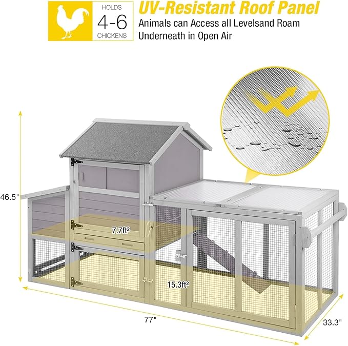Aivituvin Expandable Mobile Chicken Coop with Wheels for 4–6 Chickens, Reinforced Nesting Box, Full-Cover UV Roof, Weatherproof Outdoor Hen & Duck House with Metal Tray, 77" L x 33.3" W x 46.5" H
