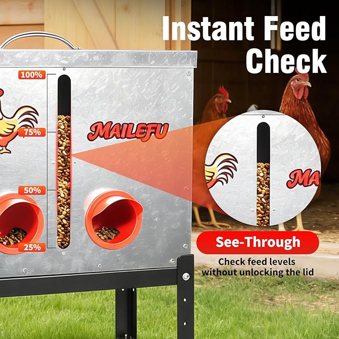 Automatic Chicken Feeder 40LB, Large Metal Poultry Feeder No Waste Design, Rat Rodent Proof Chicken Feeder with Locking Lid, Visual Window & Adjustable Legs, Weatherproof Chicken Coop Feeder