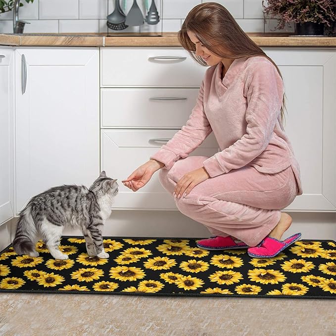 Roszwtit Sunflower Kitchen Rugs and Mats Set of 2, Black Sunflowers Non-Slip Backing Kitchen Rug, Kitchen Sets Low-Profile Washable Floor Mat for Home Kitchen Decor - 17x29 and 17x47 Inch