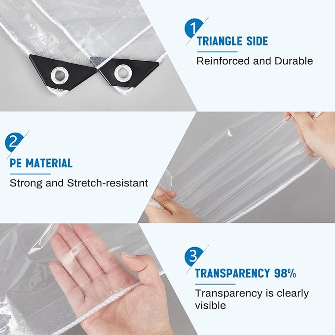 6 Pcs 6x8 ft Clear Tarp with Grommets Heavy Duty Transparent Tarp Waterproof 8mil Green House Cover with Rope for Plant Garden Patio Chicken Coop Porch (Classic Style)