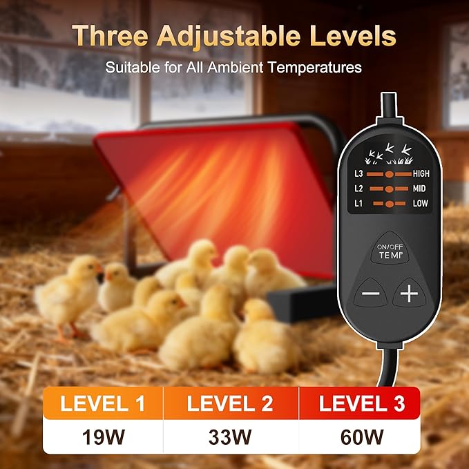 Chick Heat Plate, 15" x 10"Large Brooder Heating Plate for Poultry, Safe Chicken Brooder Heater, Chick Warmer, 60W, 3 Levels, Fast & Even Heating, 3 Adjustable Height/Angle, Energy-Saving