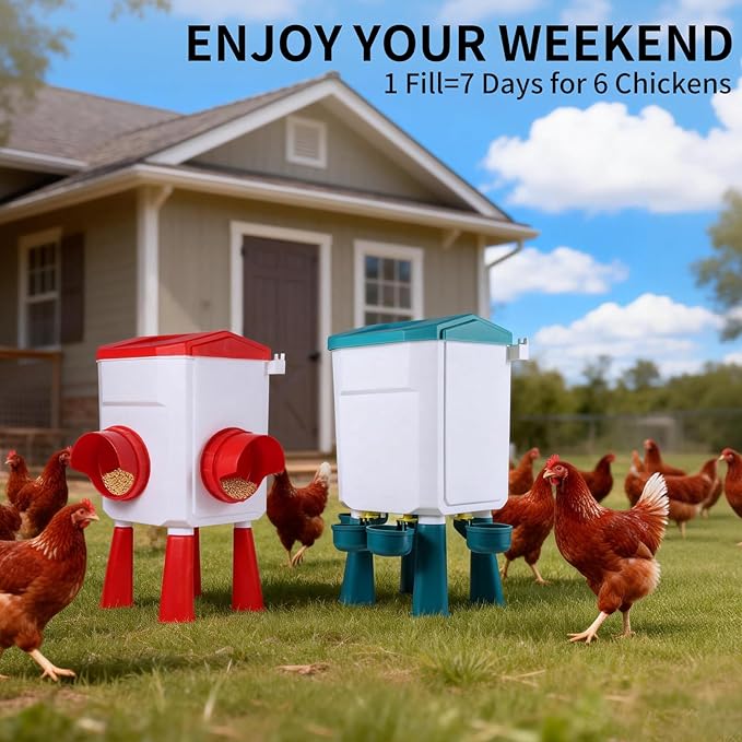 Chicken Feeder and Waterer Set - 2.1 Gal & 17.6 Lbs Automatic Gravity Poultry Kit - No Waste Port Feeder, Leak Proof Hanging Waterer w/Adjustable Legs for Chicks Hens