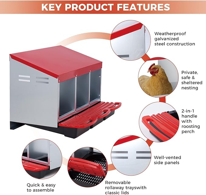 Heavy Duty 3-Compartment Chicken Nesting Box – Roll-Away Egg Collection, Removable Galvanized Steel Trays, Perch, Easy-Clean, Wall Mount or Freestanding, for Hens – Red, Three Grids