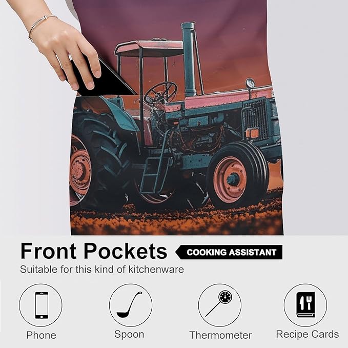 Waterproof Aesthetic Tractor Bib Apron with 2 Pockets Adjustable 25" Neck Strap & Waist Ties Kitchen Chef Aprons for Cooking Baking Grilling Gardening BBQ for Women Men