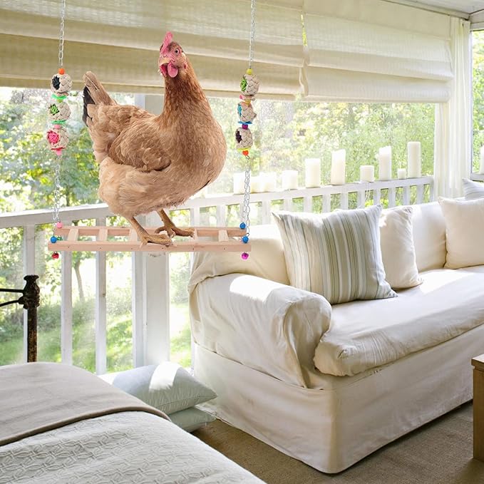 Pet Chicken Swing and Wooden Climbing Ladder for Rooster and Hen, Natural Wood Perch with Suspension Bridge Design, Outdoor Poultry Coop Accessory for Pet Supplies Random Color