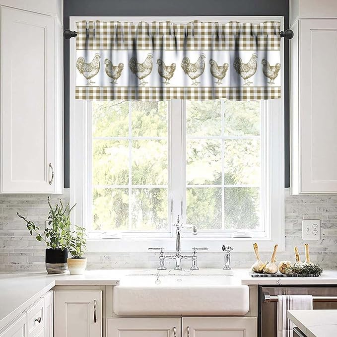 Farm Rooster Valance Curtains Rustic Retro Buffalo Plaid Farmhouse Animals Rod Pocket Curtain Valance for Kitchen Bedroom Living Room Decor 1 Panel W54xL18 Inch