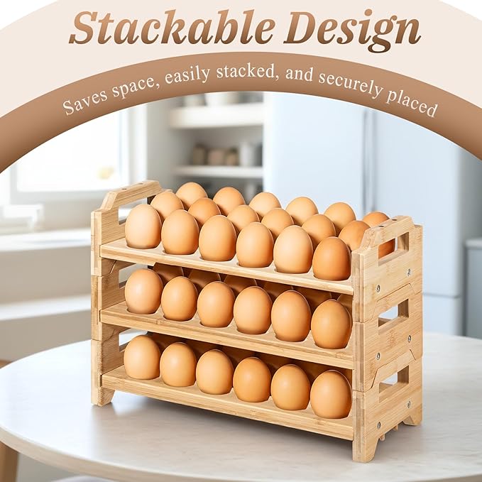 3 Pack Wooden Egg Holder Stackable Egg Storage for Countertop Eggs Collecting Storage Display Rack Holding Up to 54 Fresh Eggs for Chicken, Duck, Turkey Quail