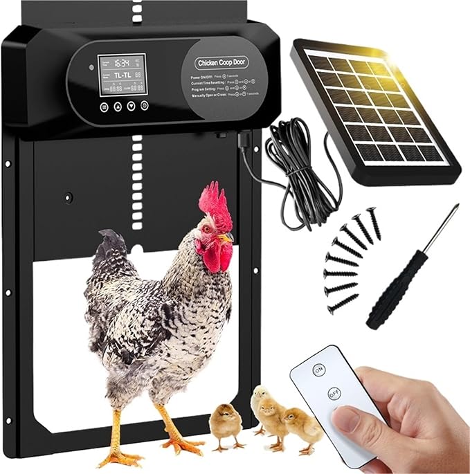 Large Size Solar Powered Automatic Chicken coop Door with Remote Control and Timer, Light Sensor, Intelligent Anti Pinch Design