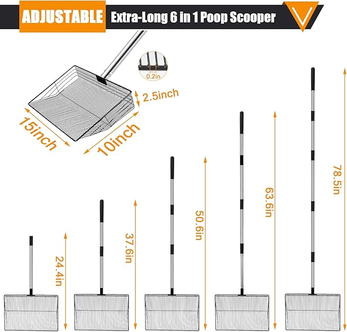 15 inch Large Chicken Poop Scooper with Ergonomic Grip, 6 in 1 Adjustable Chicken Coop Pooper Shovel with (24 to 79"), Heavy Duty Litter Sifting Shovel for Chicken Coop/Goat Stall/ Stable Cleaning