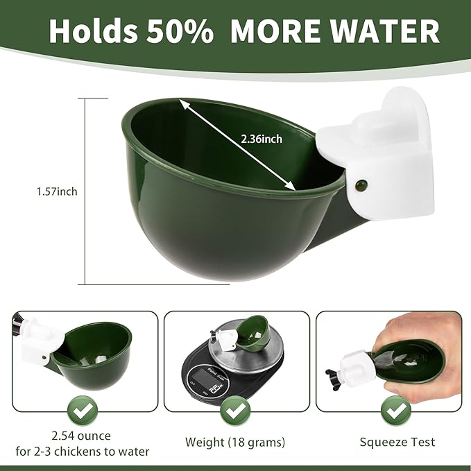 Chicken Water Cups 12 Pack, Automatic Filling Waterer Feeder Bowl, Gravity Poultry Watering System, Chicken Water Dispenser, Chicken Coop Accessories for Hens, Duck, Goose, Turkey (Green)