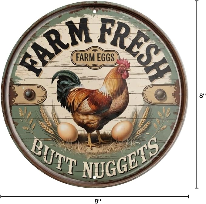 Rustic Farmhouse Metal Sign 8x8 in Round Chicken Coop Decor Vintage Farm Fresh Eggs Wall Art Antique Kitchen & Outdoor Decorative Plaque Chicken Coop Accessories