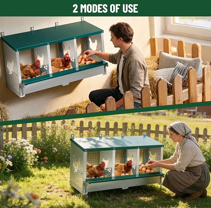 Chicken Nesting Box 3 Compartment with 10 Pet Moisture Pads and 4 Fake Eggs Roll Away Egg Collection, Perch, Lid Cover for Egg Protection - Wall Mount Nest Box for Chickens, Hens, Ducks