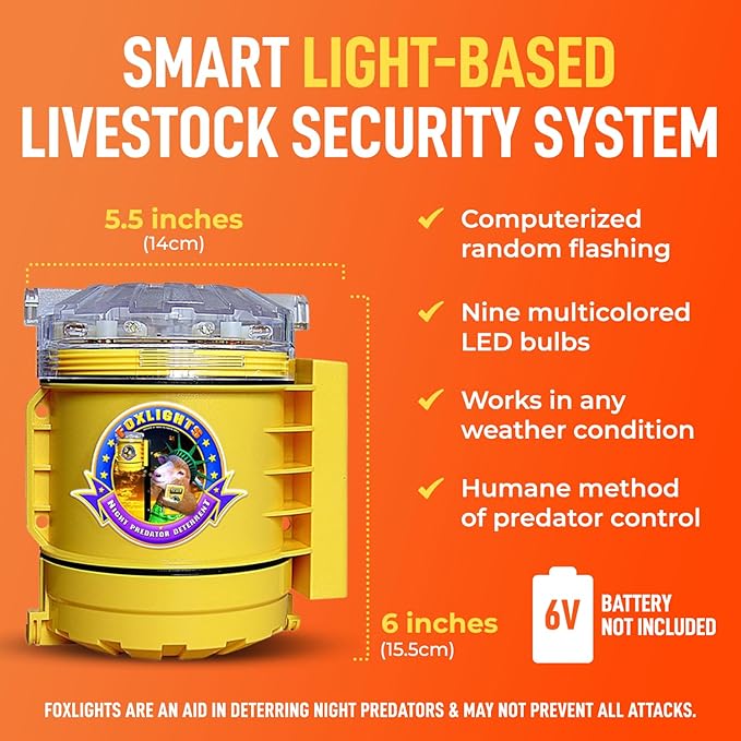 Foxlights Non-Solar Predator Deterrent – 9-LED Night Guard with 360° Coverage, Random Flashing Lights – Humane Repeller for Chicken Coops, Poultry, Livestock, Gardens & Farms