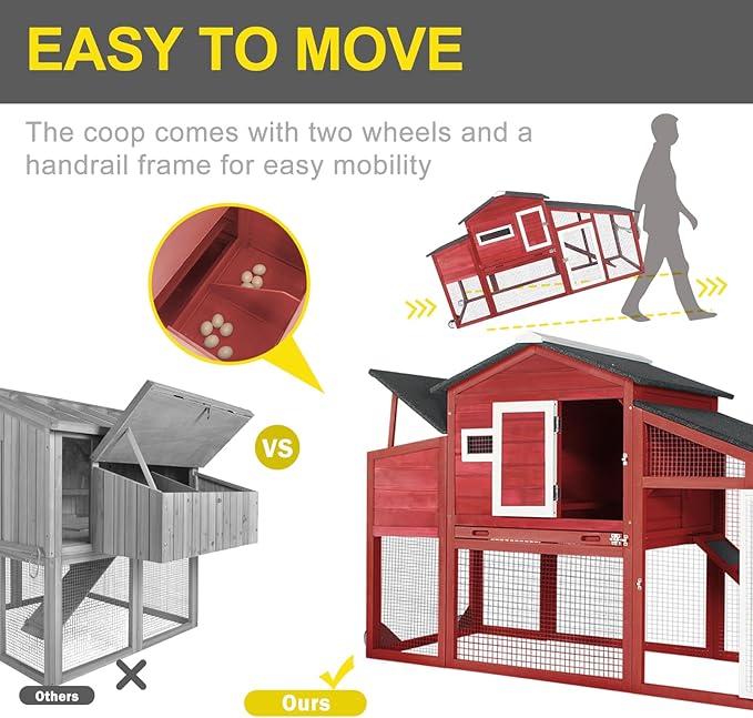 Chicken Coop Large Wooden Chicken Tractor - with Wheels Waterproof Outdoor Hen House Poultry Cage Back Yard Chicken Coops with Run, Laying Boxes, and Removable Tray, for Chickens, Ducks, Rabbits