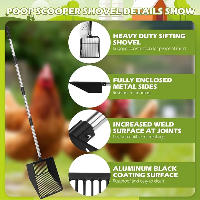 EXPAWLORER Large Chicken Poop Scooper,Adjustable Chicken Coop Rake with Stainless Steel Long Handle,Heavy Duty Litter Sifting Shovel Chicken Coop Accessories(22"-52.3")