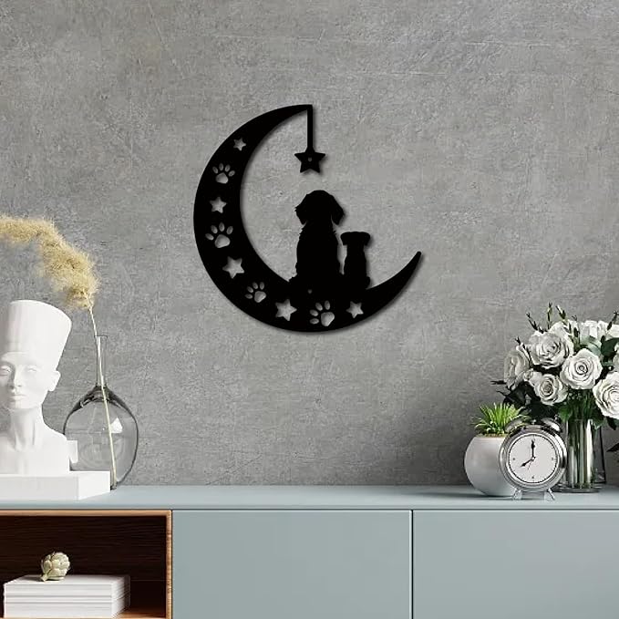 CREATCABIN Metal Moon Wall Decor Black Dog Wall Art Silhouette Pet Paw Print Minimalist Wall Sculpture Statues Hanging Decoration for Farmhouse Garden Balcony Ornament Dog Lovers Gift 11.8 x 11.8 Inch
