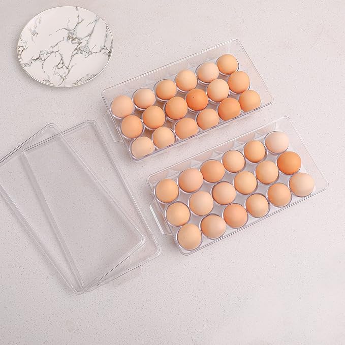 Sooyee 2 Pack Egg Holder for Refrigerator, Plastic Egg Storage Container, Fridge Egg Organizer, Clear Refrigerator Organizer Bins with Lids, Stackable Tray Holds 18 Eggs