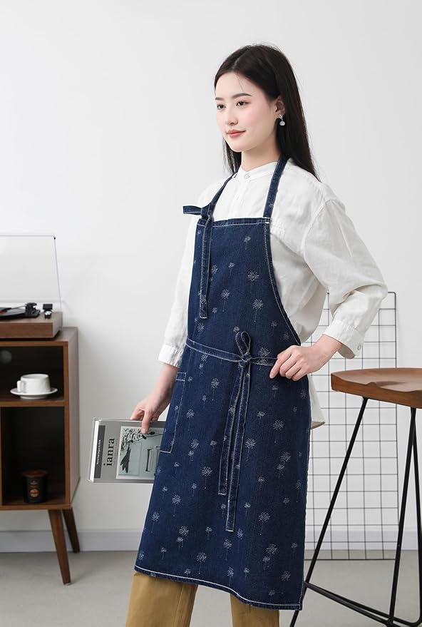 Cotton Denim Apron Soft - Unisex Adjustable Bib Apron with 5-Pockets Perfect for Kitchens