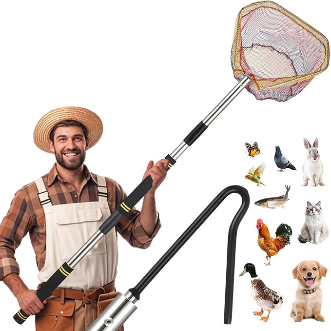 Chicken Catcher Net,37 to 93in Chicken Catcher Leg Hook Extra Long Handle Animal Catcher Pole Heavy Duty with Frosted Tube Extension Pole Poultry Hook Fowl Catcher (Silver 75in)