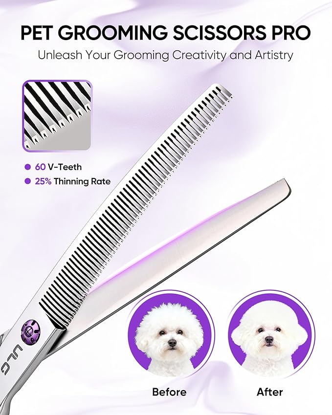 ULG 7.5” Dog Grooming Thinning Shears – 30° Curved Pet Thinning Scissors, Japanese 440C Stainless Steel, 60 V-Shaped Teeth, 25% Thinning Rate, Reversible Butterfly Handles, for Face, Nose, Eyes & Coat