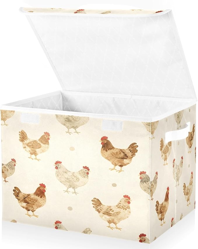 Farmhouse Chickens Fabric Storage Bin with Lid, Collapsible Basket with Handles, Shelf Cube Closet Organizer for Home and Bedroom