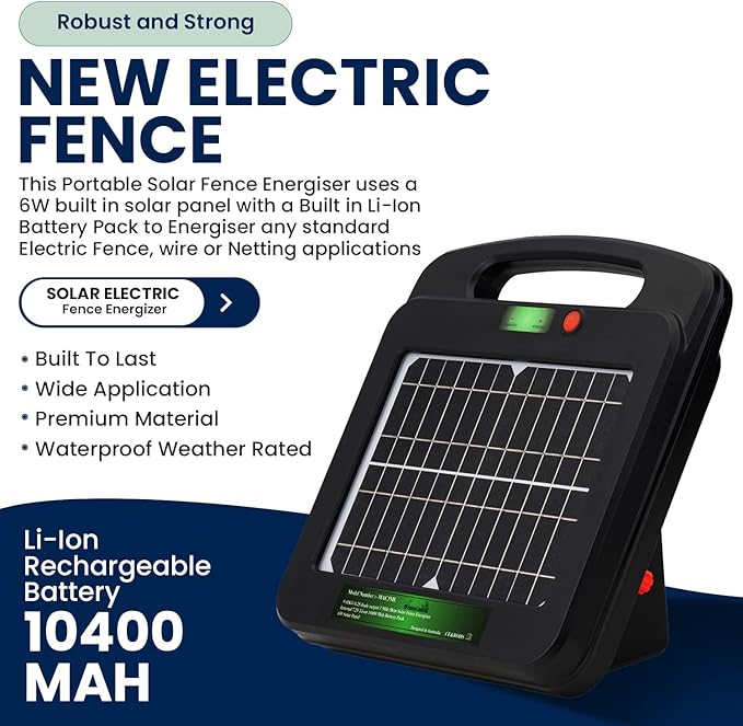 Solar Powered Electric Fence Charger 0.25 Joules Output (9-11KV) with Lithium Battery Energizer Containment & Protection of Livestock Horses Cattle Sheep Pets Easy Install