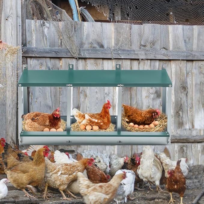 Green Chicken Nesting Box for Laying Eggs – Roll Away Poultry Nest, Durable & Easy-Clean Hen Egg Box for Coops, Secure & Comfortable (3-Hole,Green)