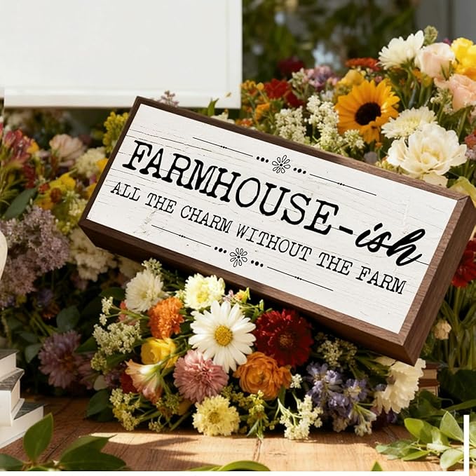 Country Style Wood Decor, Farmhouse-ish Sign, Framed Wooden Wall Plaque, Rustic Home Decor for Living Room Kitchen, All the Charm without the Farm Sign 9.5x3.1x1 inches