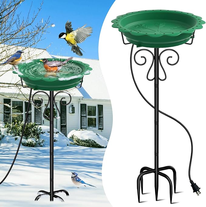 Heated Bird Bath for Outside Winter, Powerful 100W Thermostat Control Heated Bird Baths for Outdoors with 5-Prong Metal Stake, Heated Birdbath Water Heater for Garden Yard Patio Lawn (Green)