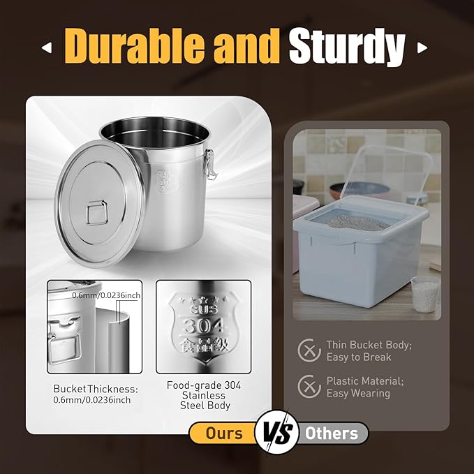 8.7Gal Stainless Steel Canister with Airtight Lid 40-50Lbs Flour Storage Containers for Kitchen Metal Rice Bucket Coffee Canister Dog Food Container Milk Can w/Handles & Sealing Buckles (33L)