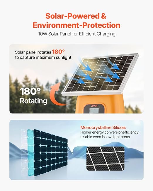 VEVOR Solar Fence Charger, 1J 10 kV Solar Powered Fence Charger, 1.86 Miles Range, Electric Fence Energizer Kit, Keep Out Predators, 3 Days Runtime, for Livestock, Poultry, Garden Protection