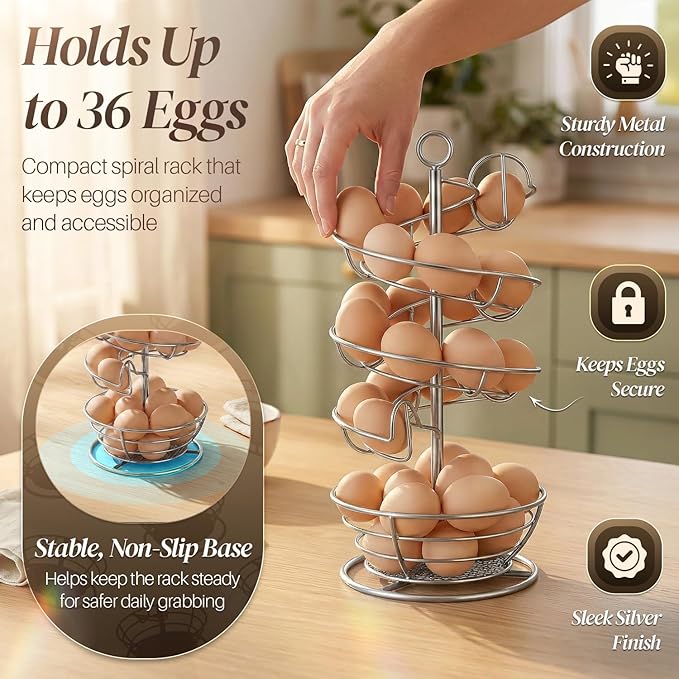 Flexzion Spiral Egg Rack for Fresh Eggs - Sturdy Silver Metal Egg Skelter Countertop Egg Holder with Bottom Basket and 360-Degree Rotatable Middle Pole Up to 36-Egg Capacity, Egg Storage Rack Solution