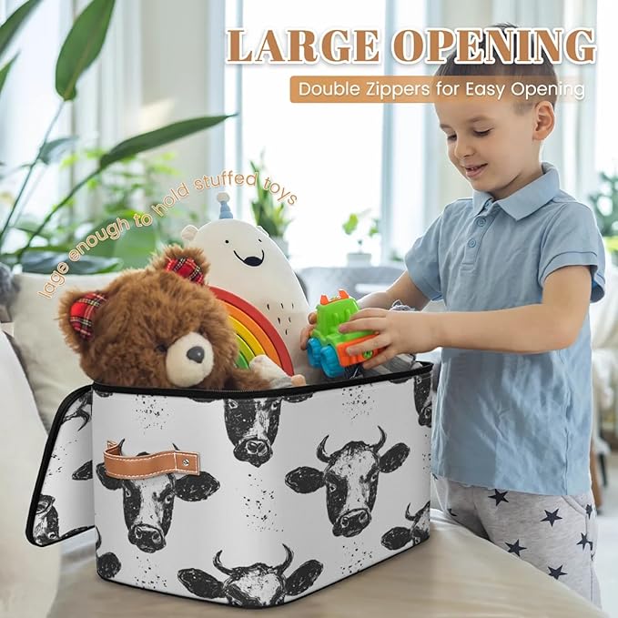 Storage Cubes with Lid Fabric Storage Bins Boxes PU Leather Handles, Farm Cow Closet Organizer Container Foldable Washable Shelf Cloth Basket, Wild Animal Cow