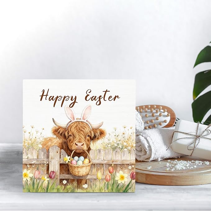 Happy Easter Highland Cow Wooden Box Sign Desk Decor, Spring Wildflower Easter Egg Farm Highland Cow Wood Signs for Home Office Desk Table Shelf Decorations, 5x5 Inch