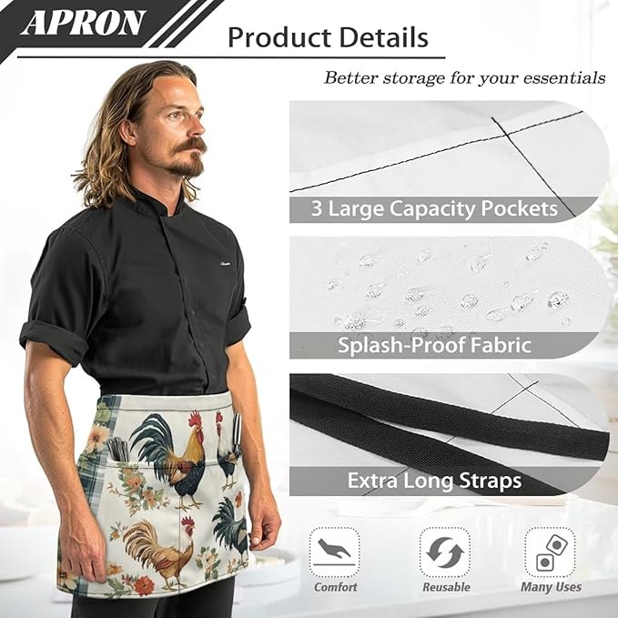 Waistress Apron with Pockets Coffee Waiter Apron Long String Chef Half Aprons for Cooking Kitchen Hairdresser