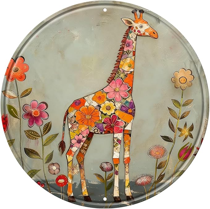 Giraffe Round Metal Tin Sign Wreath Farm Flowers Rustic Vintage Wall Art Decor for Farmhouse Garden Backyard Home Outdoor Porch Gate 12x12inch