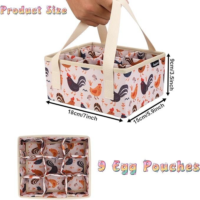 Eggs Collecting Basket, Egg Bags with 9 Pouches, Durable Canvas Eggs Holder with Bottom PP Board, Collector & Container for Duck, Chicken, Goose Egg