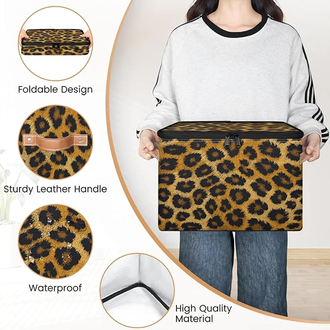 Storage Cubes with Lid Fabric Storage Bins Boxes PU Leather Handles, Leopard Print Animal Skin Closet Organizer Container Foldable Washable Shelf Cloth Basket, Leopard Print