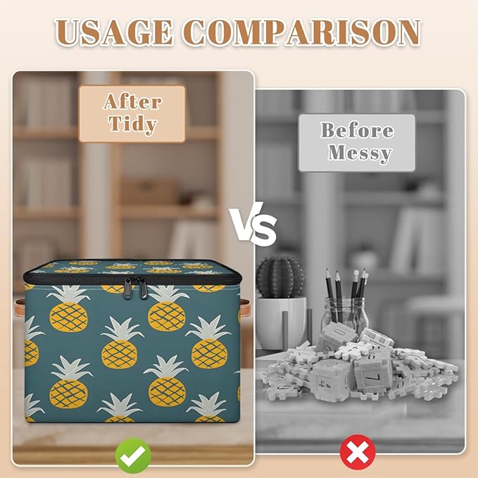 Yellow Pineapple Print Storage Bins With Lids Fabric Collapsible Storage Box with Leather Handles for Home Bedroom Foldable Closet Shelf Organizer