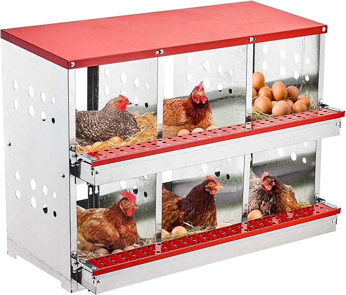 Garvee Nesting Boxes for Chickens, 6 Compartment Roll Out Away Chicken Nesting Boxes for Laying Eggs, Nesting Gift Boxes for Hens Duck Poultry, Metal Heavy Duty Chicken Coop with Perch
